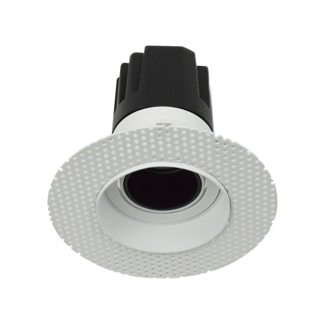 DLD Andes 1-R True Colour CRI98 plaster-in adjustable recessed downlight showing round plaster kit on white background