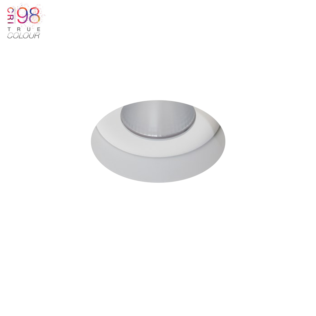 DLD Eiger 1-R architectural plaster-in round fixed CRI98 LED downlight, recessed into a white ceiling, IP65 waterproof