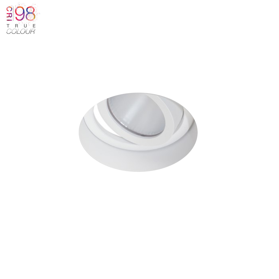 DLD Eiger 1-R architectural plaster-in round adjustable CRI98 LED downlight, recessed into a white ceiling