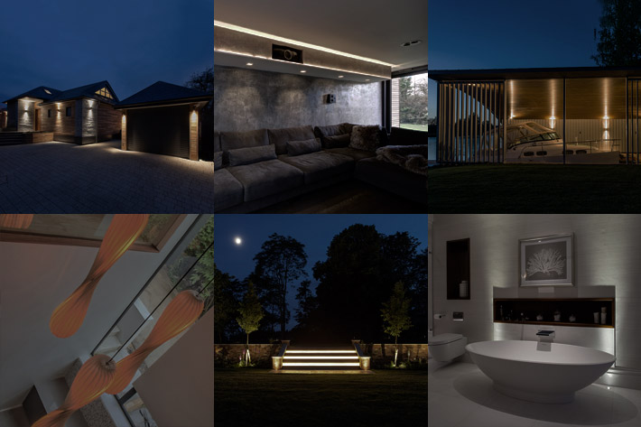 Project Portfolio: Montage of case study images of contemporary indoor & outdoor lighting design projects 
