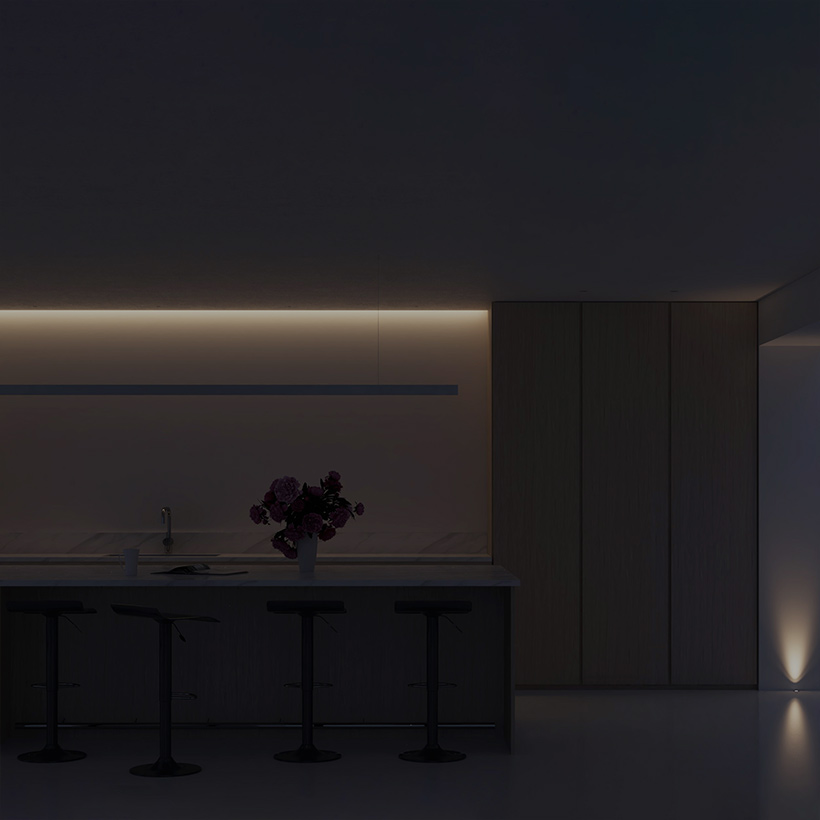 Interactive Lighting Design: contemporary kitchen, ceiling linear lighting & floor uplight on