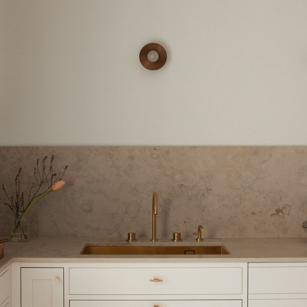 Contain Alba Simple LED Wall Light in brushed brass above kitchen sink