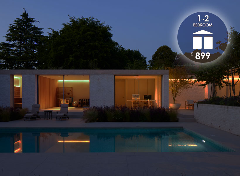 Lighting Design package No.2, 1-2 bedroom for £899, minimalist extension overlooking swimming pool at night