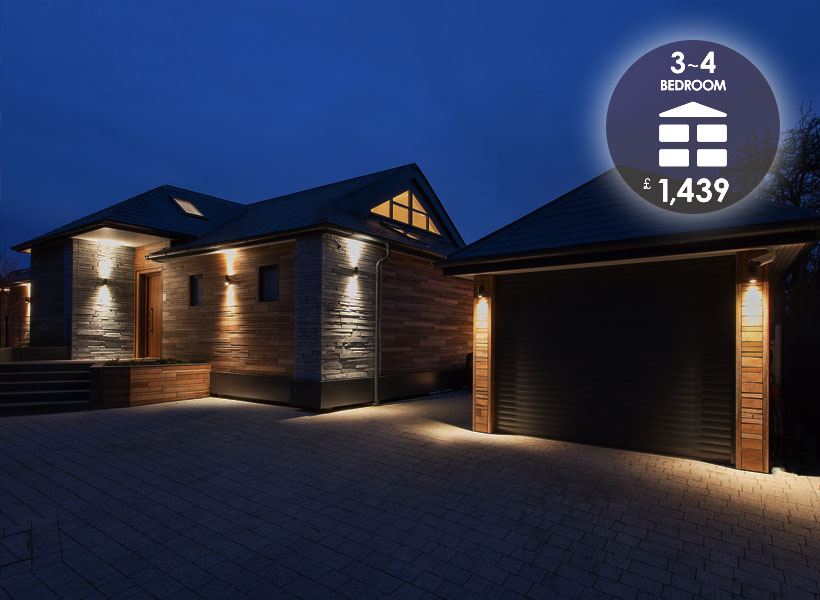 Lighting Design package No.3, 3-4 bedroom for £1,439, contemporary property outdoor lighting at night