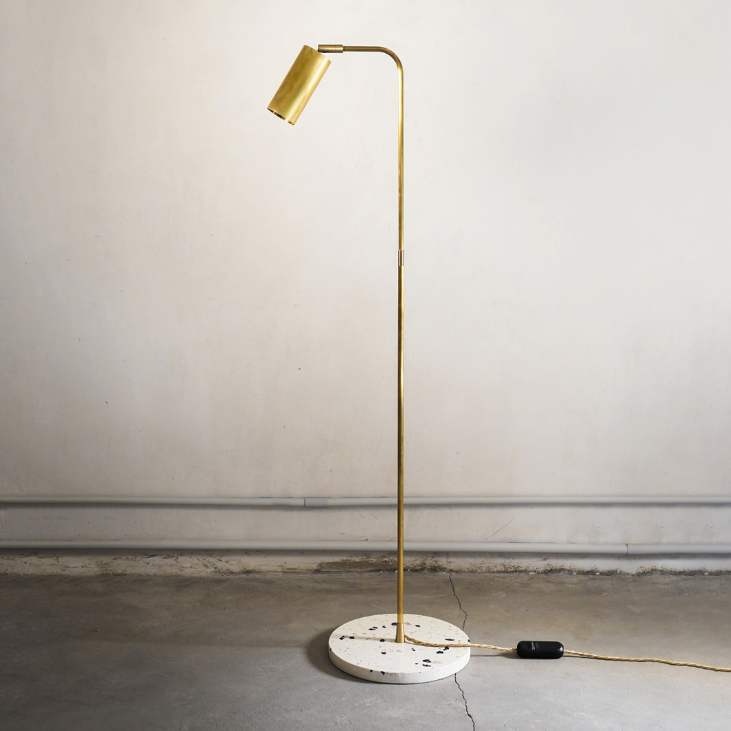 Contain Book XL Floor Arm Lamp with brushed brass and white terrazzo stone