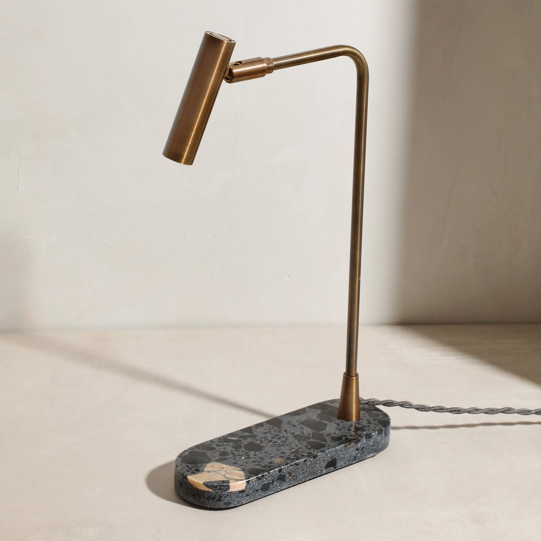 Contain Book Table Light with brushed aged brass finish and black terazzo stone base