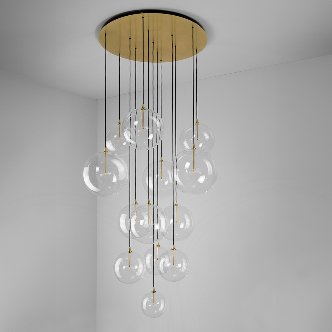 Schwung Cluster 13 Mix Chandelier with lacquered burnished brass canopy