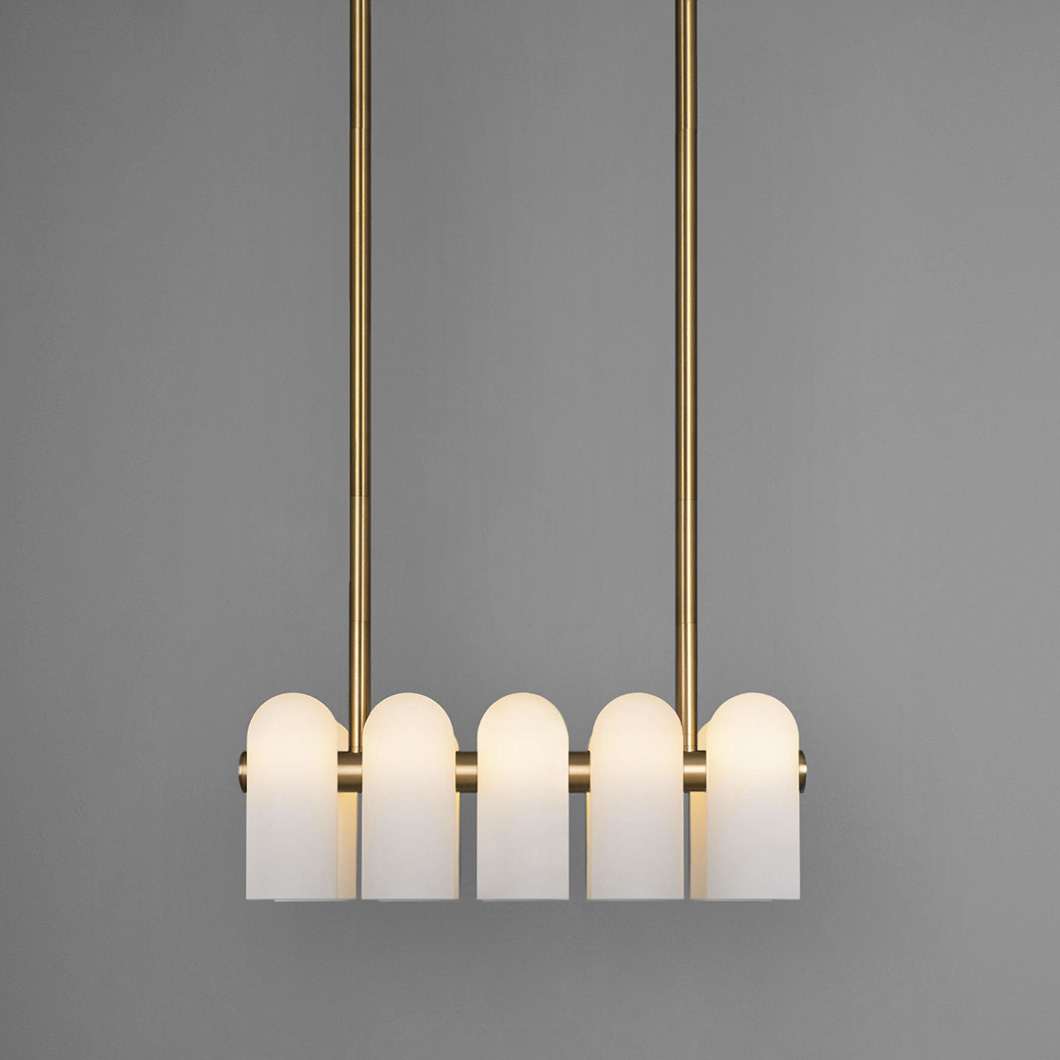 Schwung Odyssey Linear Xs Chandelier with lacquered burnished brass frame