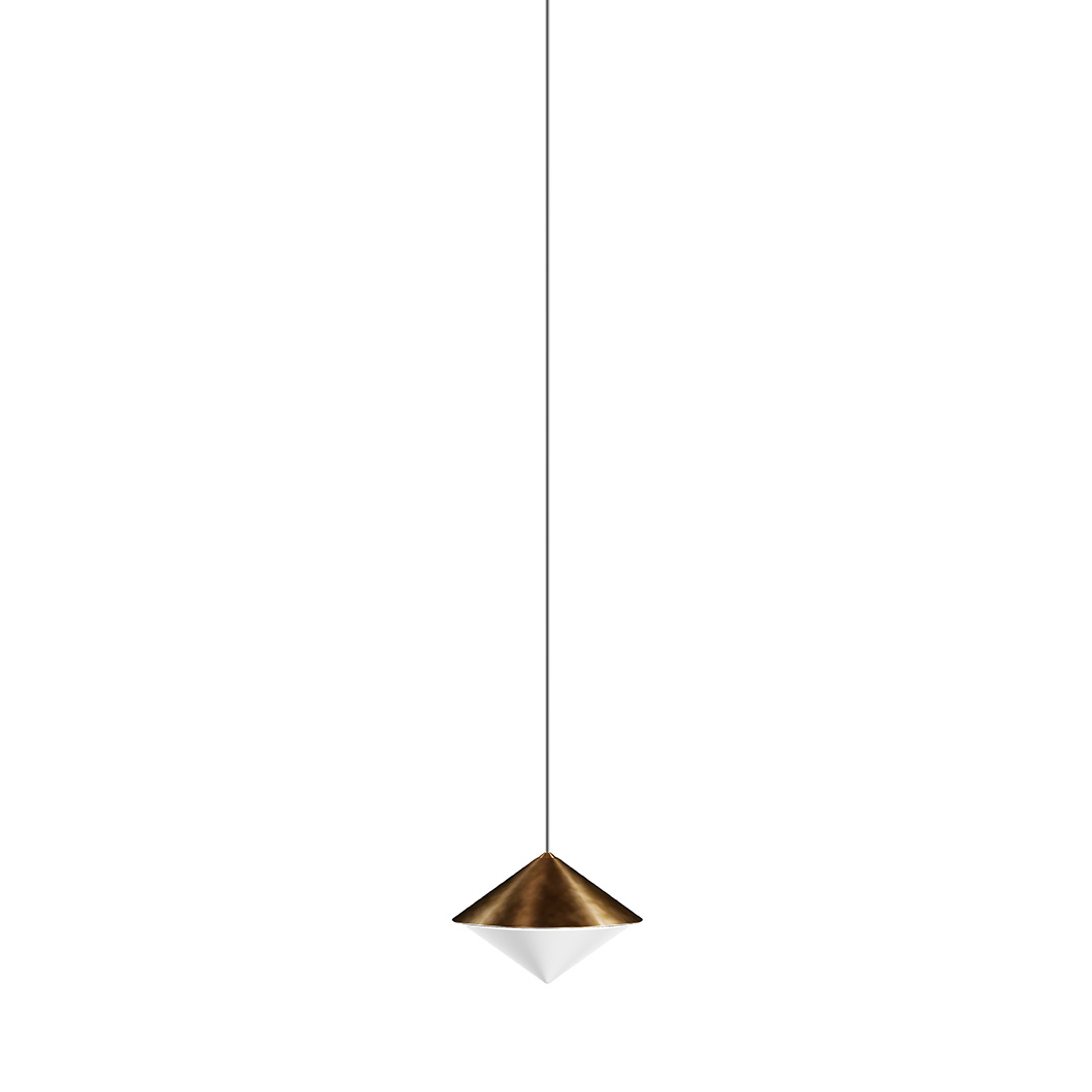 Double cone shaped pendant shown on a white background and finished in dark brown morocco shade