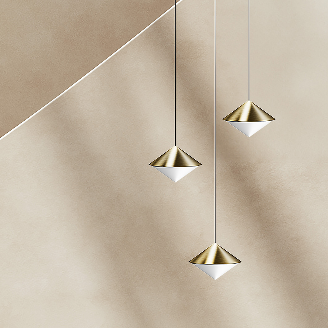 Double cone shaped pendant shown on a white background and finished in dark brown morocco shade alternative image