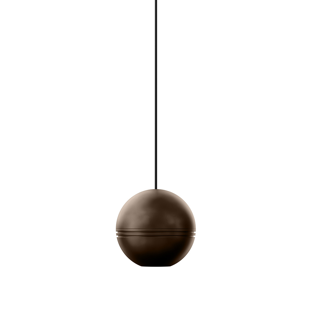 A dark brown spherical pendant with two lines engraved aorund it's centre