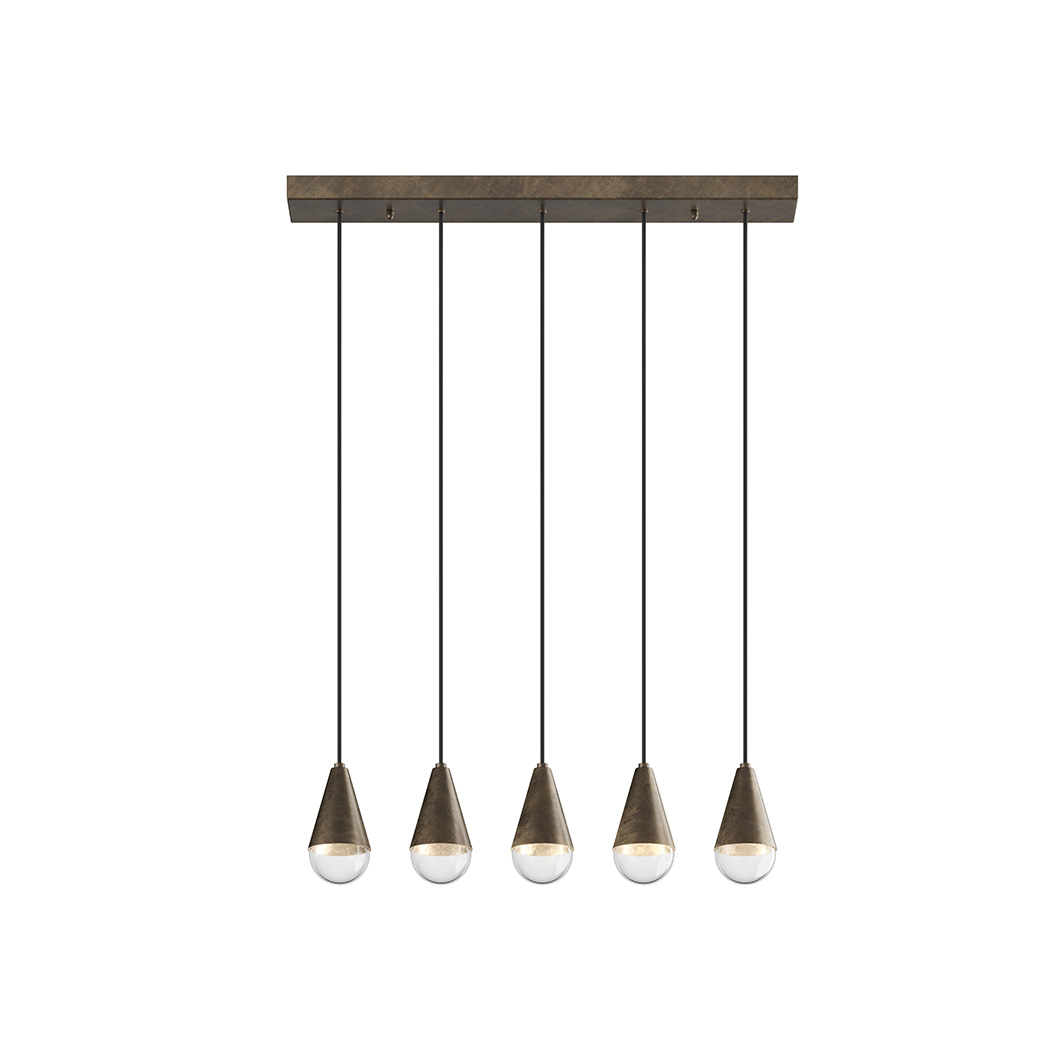 5 pendant chandelier suspended from a linear iron canopy 