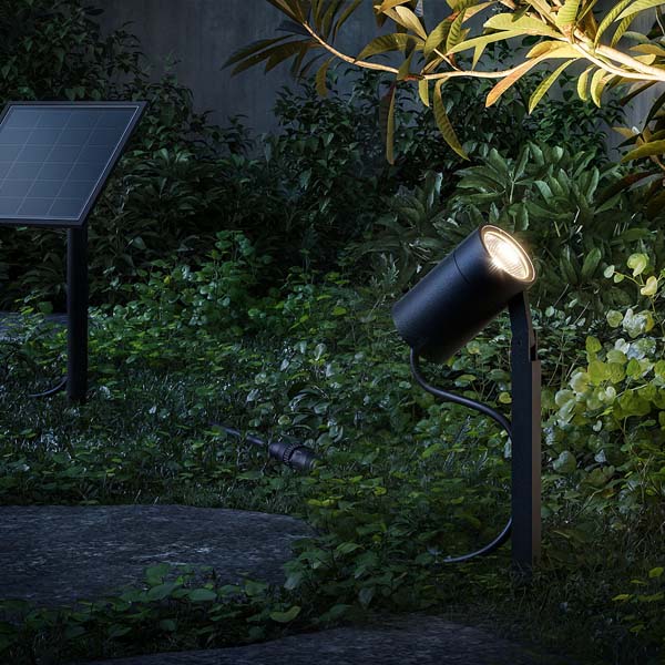 Solar powered black spike spot light lighting a shrub at night 