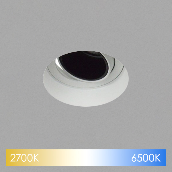 Tunable White LED Lighting: Architectural recessed directional adjustable downlight plastered into the ceiling with colour changing icon from 2700K to 6500K